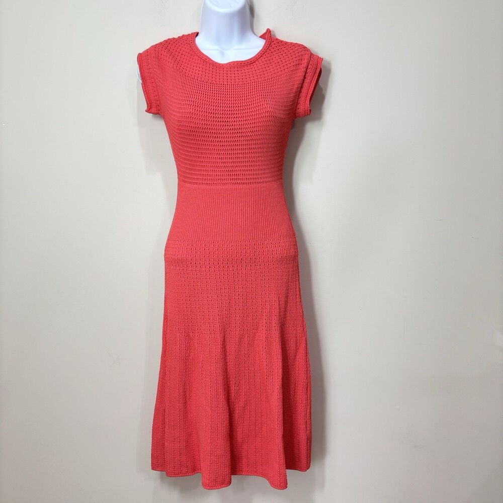 Ralph Lauren Crochet Sweater Midi Dress Women XS Coral Pink Cottage Boho Chic